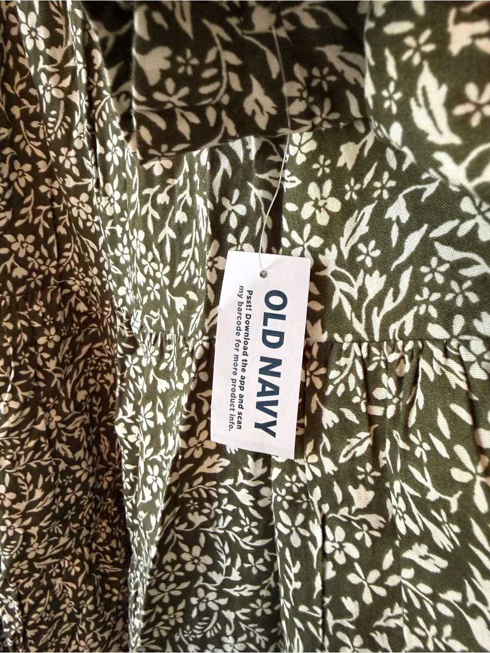 Old Navy Olive Green Floral Tiered Swing Dress with White Print